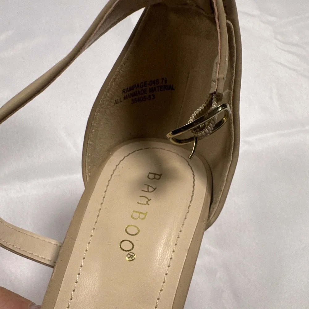 Bamboo Beige Synthetic Open Toe Strappy Ankle Strap Buckle Heels US 7.5